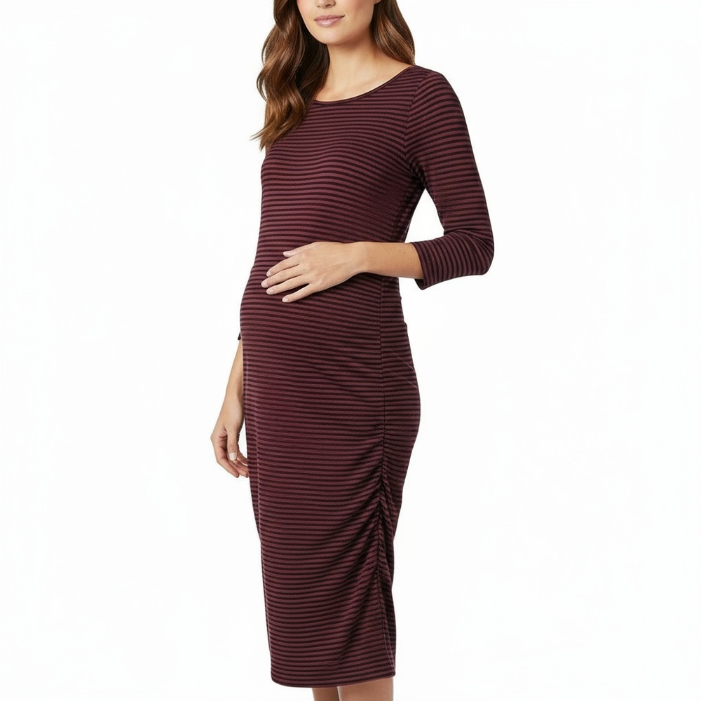Isabel Maternity Dress Small Burgundy Striped‎ Ruched Stretch Casual Modern New